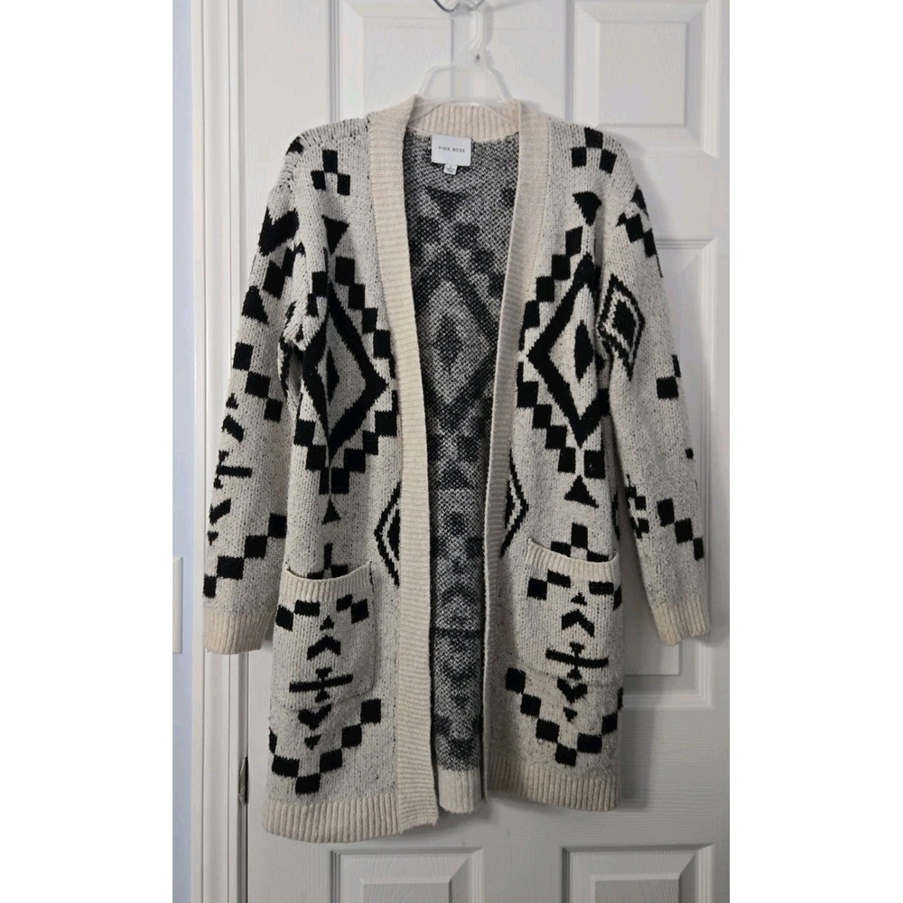 Pink Rise Womans XLong Sweater Size Small Beige & Black Open Front.